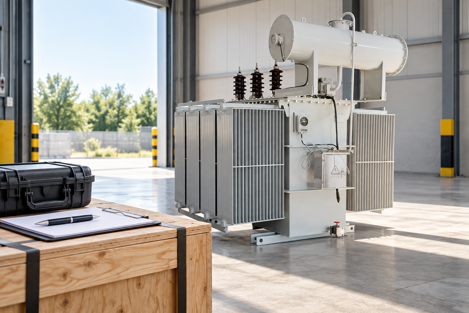 Reference transformer in receiving bay beside shipping crate and closed case