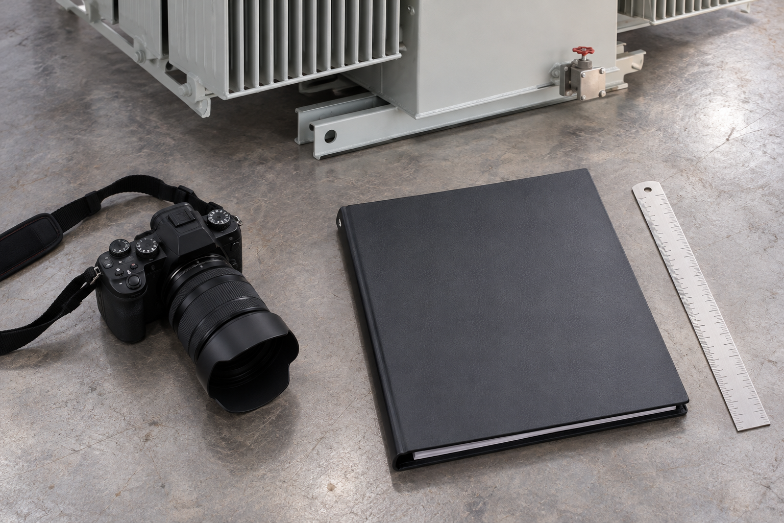 Camera and closed folder beside cropped lower transformer corner