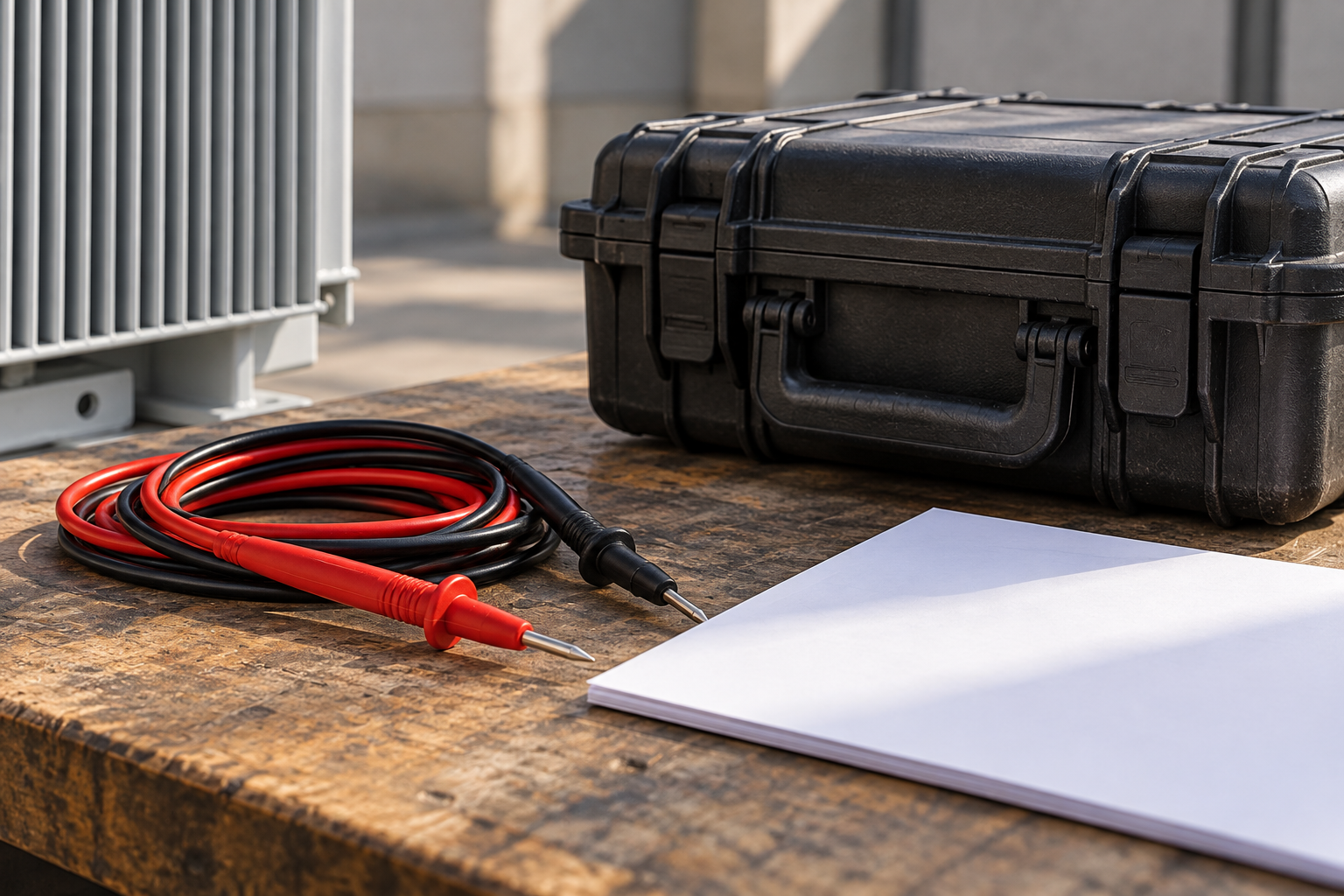 Closed measuring case, disconnected leads and blank report sheets