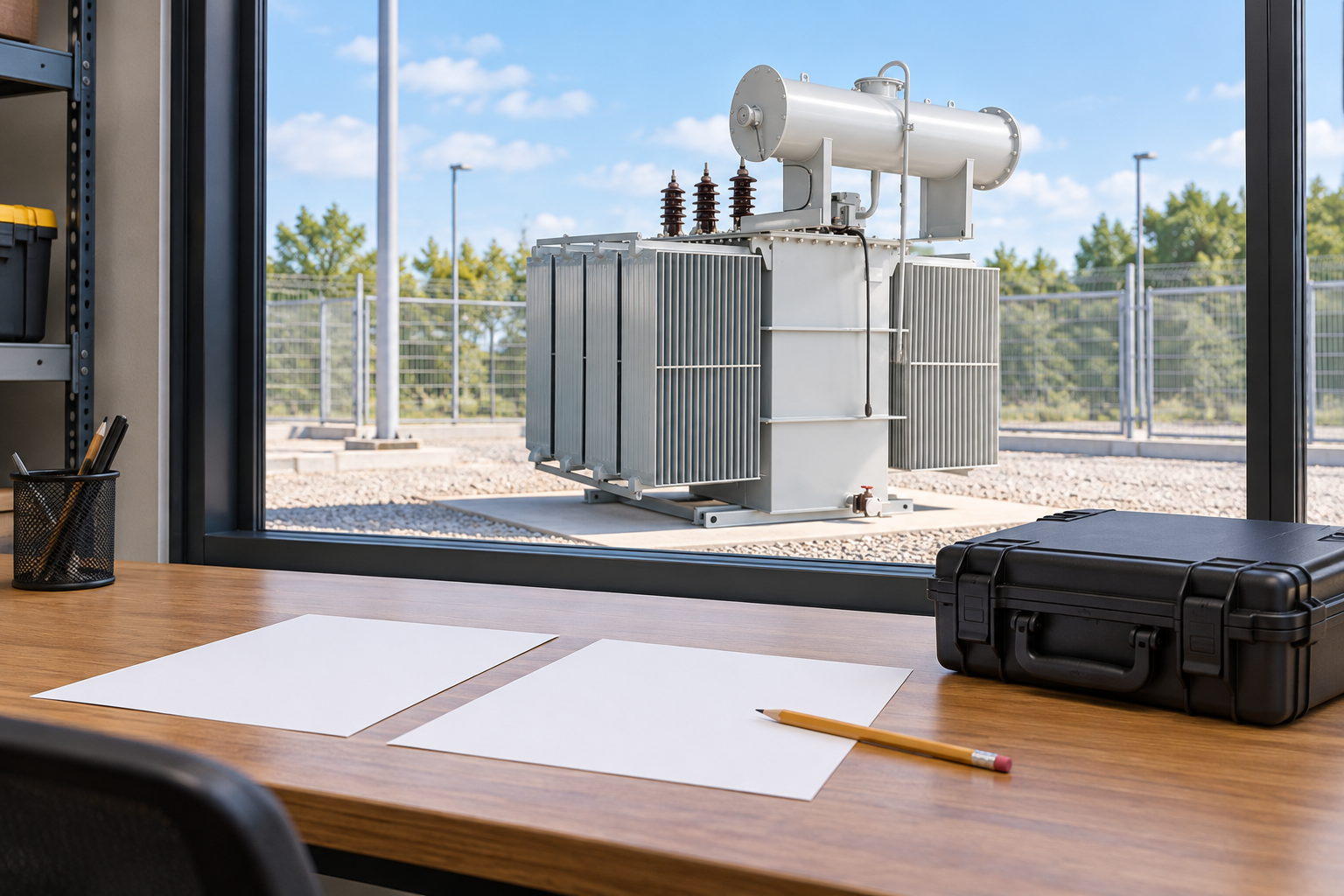 Blank comparison reports beside closed case with transformer beyond window