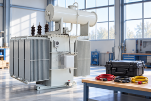 Transformer beside closed measuring case and disconnected test leads