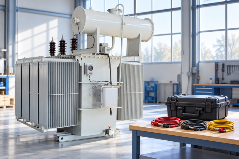 Transformer beside closed measuring case and disconnected test leads